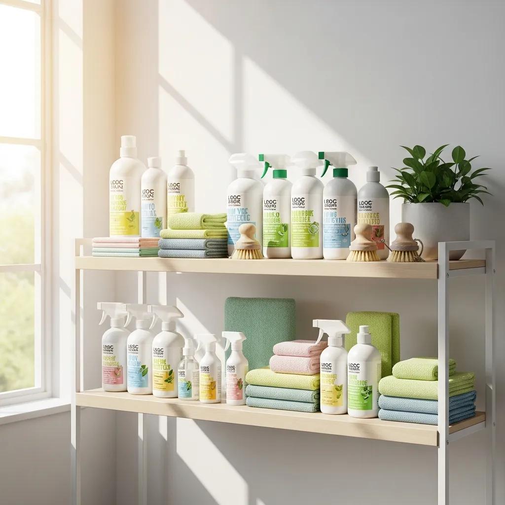 Bottles of eco-friendly cleaning products on a bright shelf