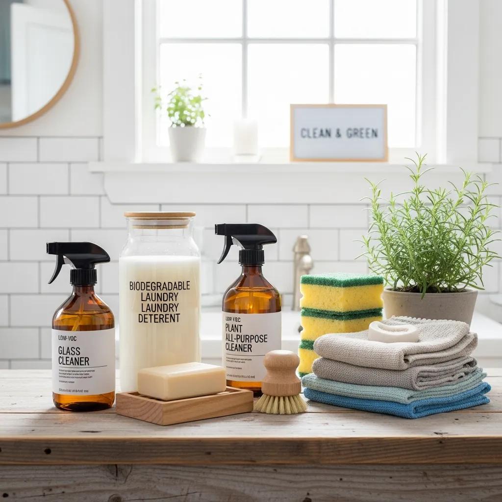 Eco‑friendly cleaning supplies neatly arranged to show sustainable product choices