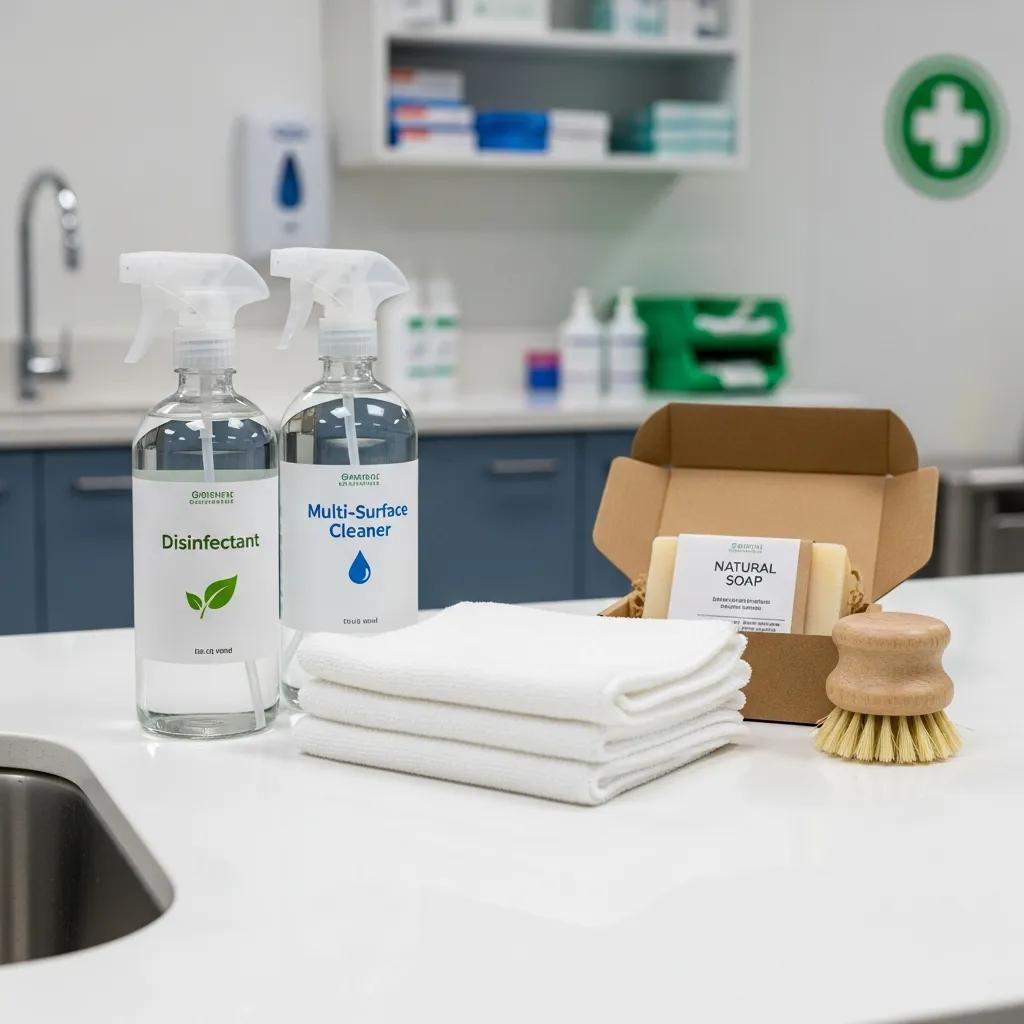Eco‑friendly cleaning products arranged in a medical facility setting