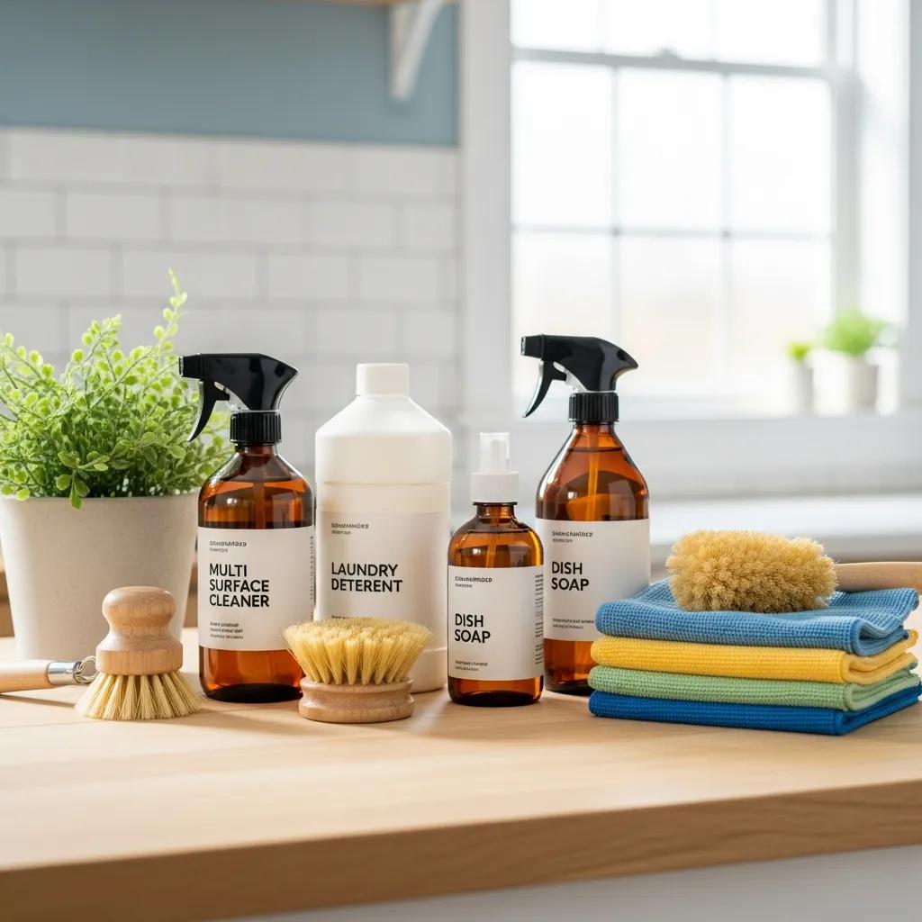 Eco‑friendly cleaning products neatly arranged on a countertop