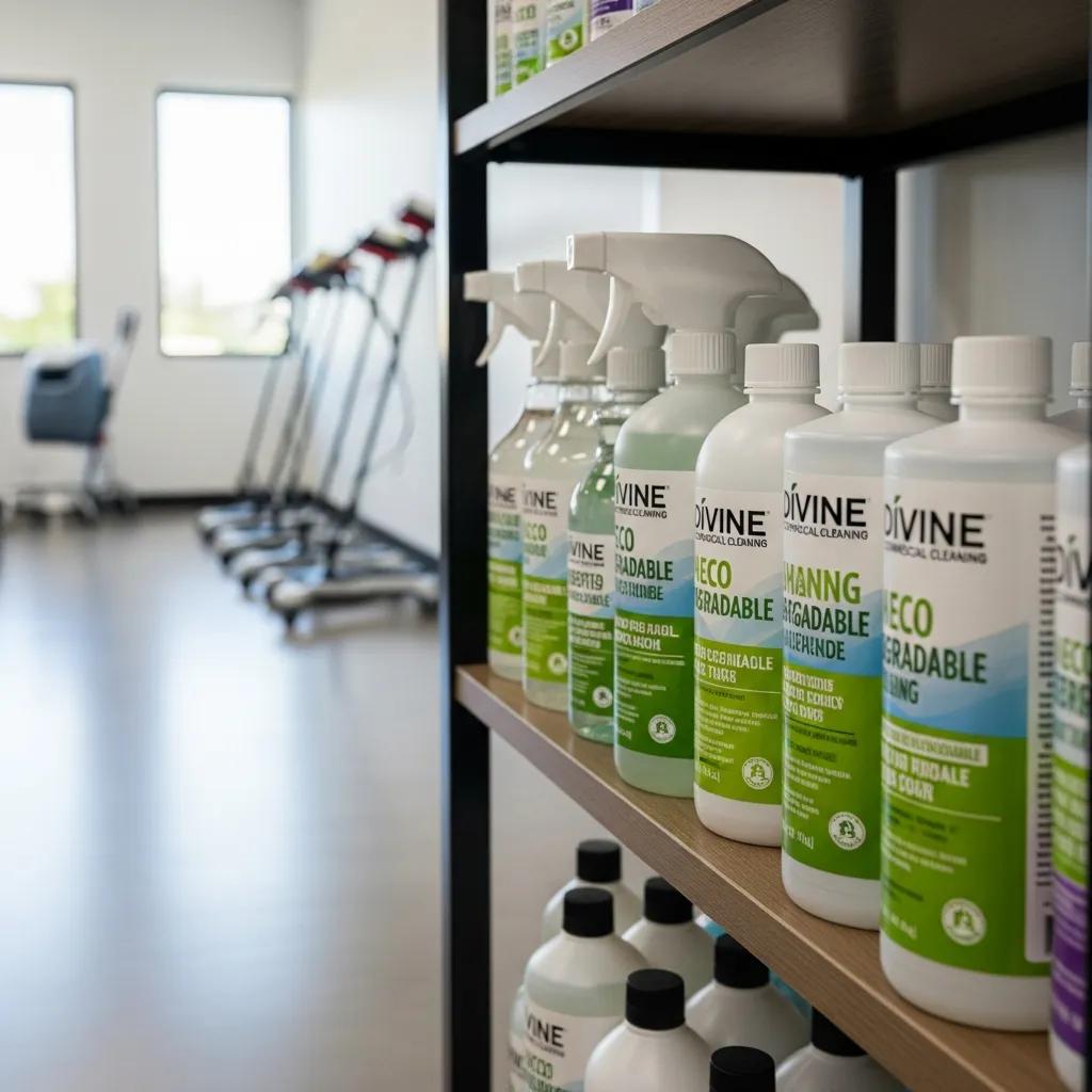 Eco-friendly cleaning products in a commercial space highlighting sustainability
