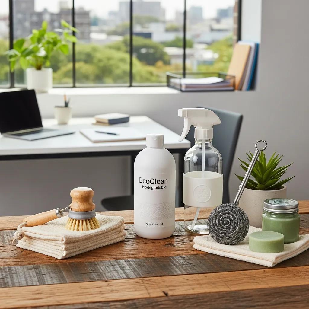 Eco-friendly cleaning supplies and microfibre tools in a tidy office