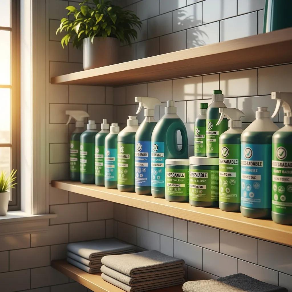 Sustainable cleaning products neatly arranged in a supply room, highlighting environmental care
