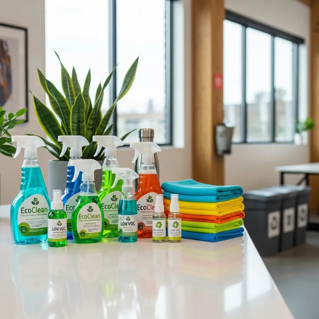 Eco-friendly cleaning products and microfibre tools used in a commercial setting to support sustainability and health