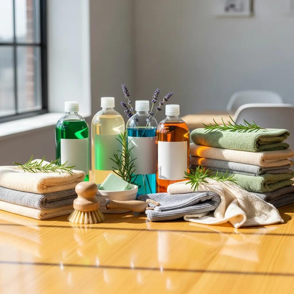 Eco-friendly cleaning products and equipment arranged on a modern office counter