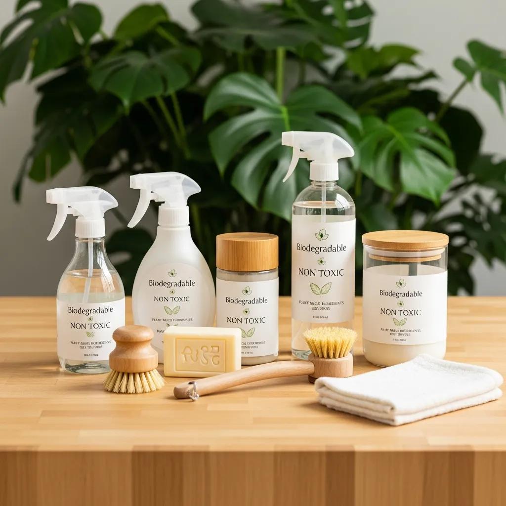 Range of eco-friendly cleaning products on a countertop, emphasising sustainability and health