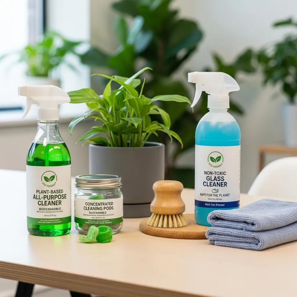 Eco-friendly cleaning products displayed on an office desk, emphasizing sustainability in cleaning practices