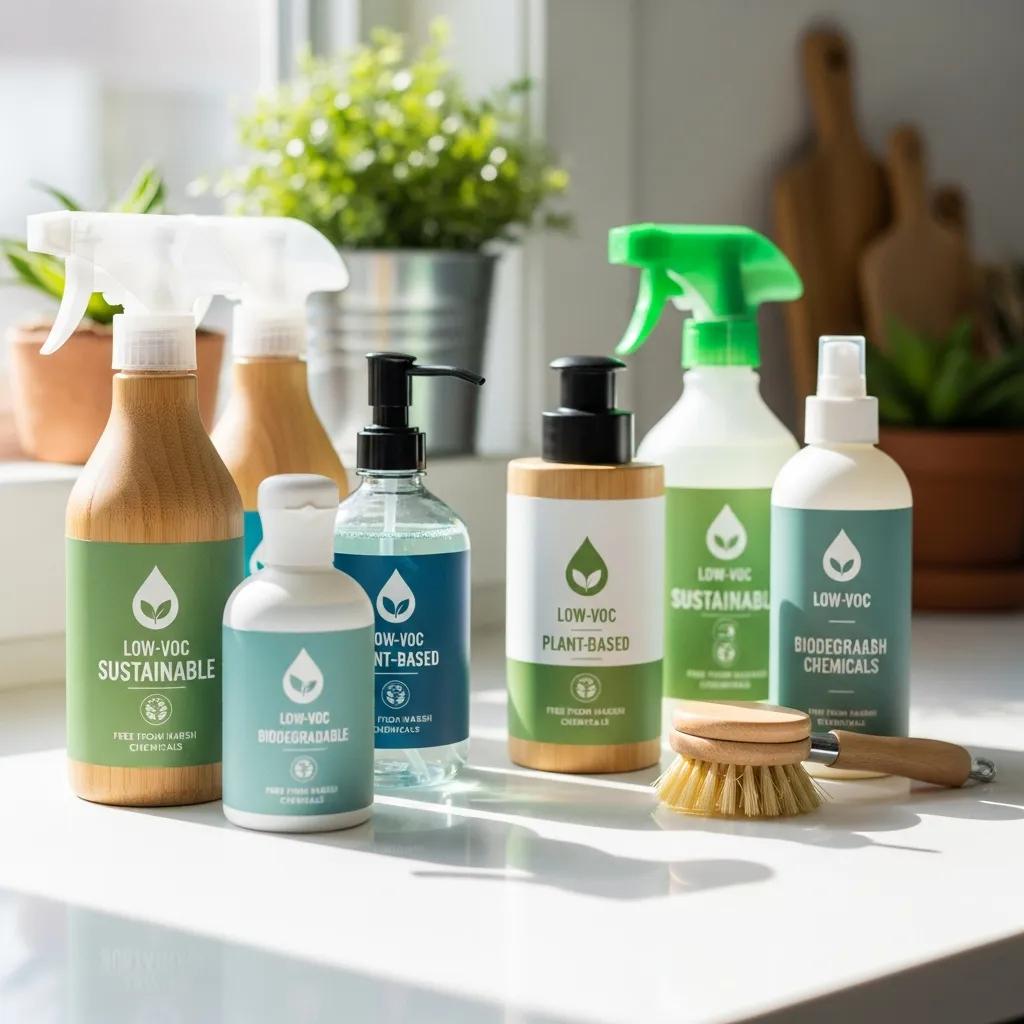 Eco-friendly cleaning supplies highlighting low‑VOC and sustainable choices