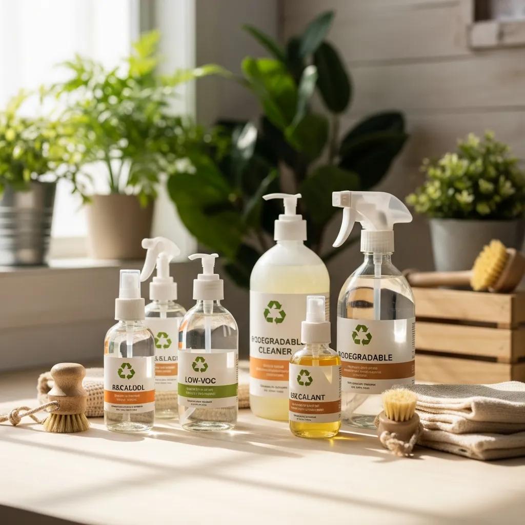 Eco-friendly cleaning products for hardwood floor care displayed on a wooden surface