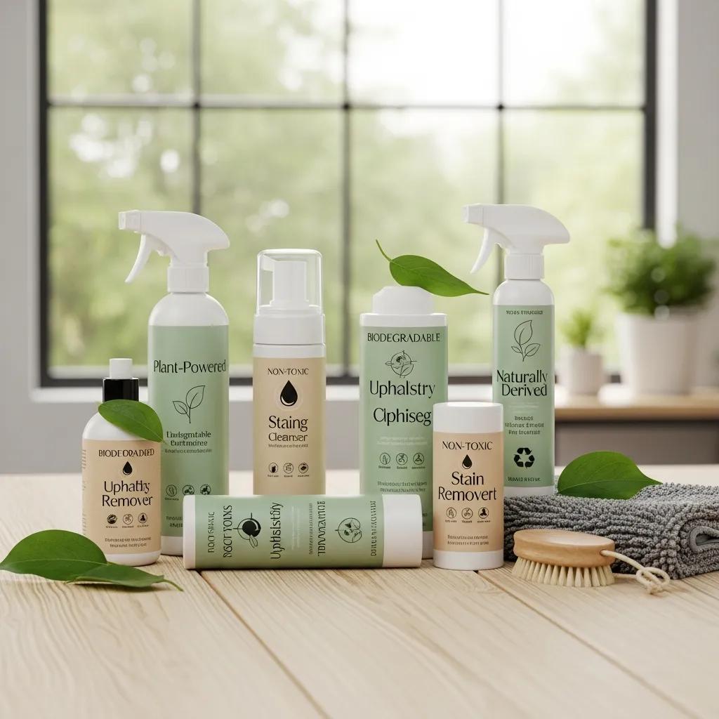 Eco-friendly cleaning products for upholstery cleaning displayed in a clean workspace