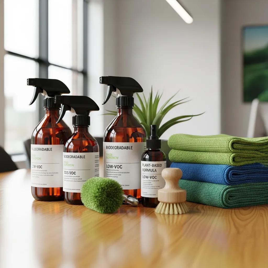 Eco‑friendly cleaning supplies arranged in a tidy office