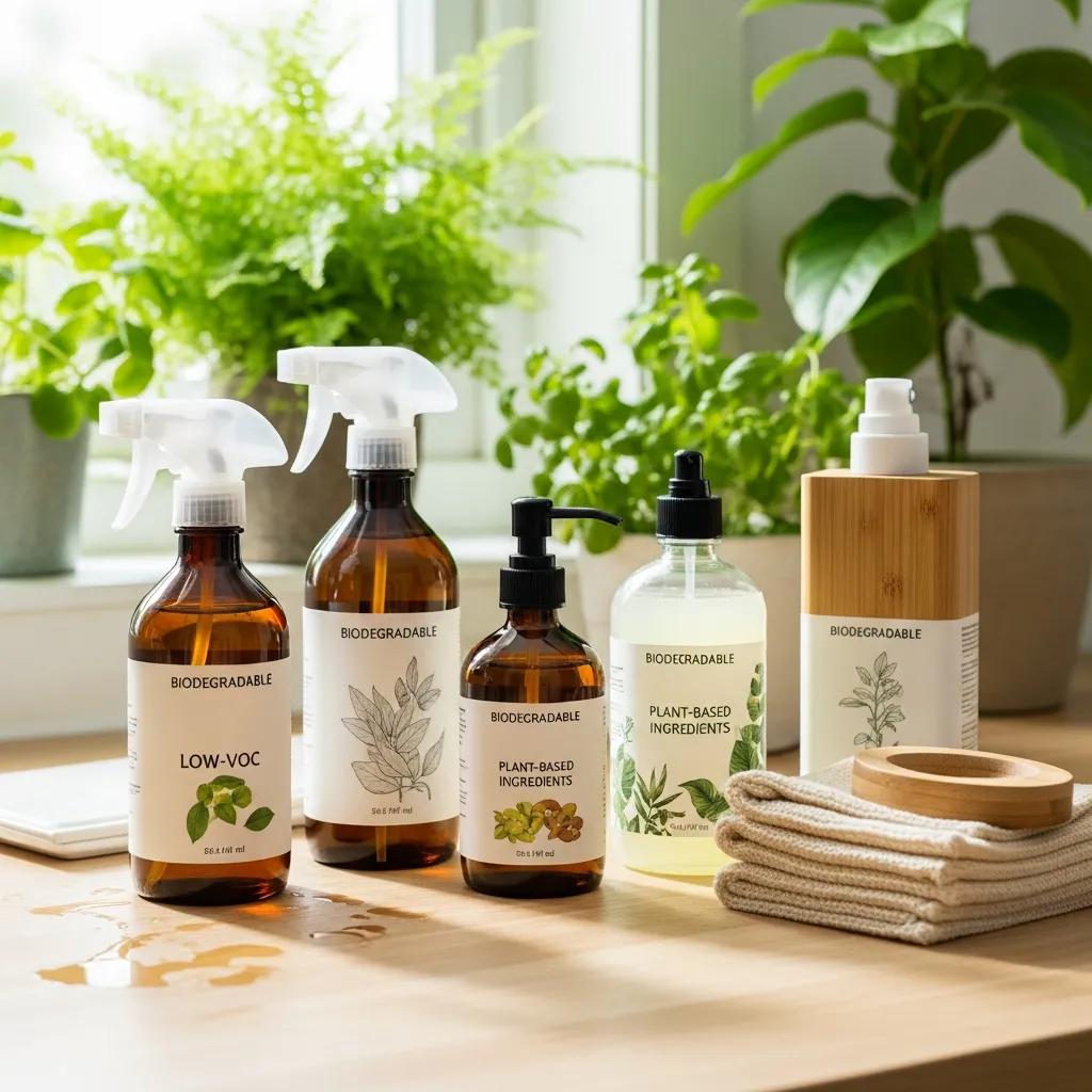 Eco-friendly cleaning products and equipment in a bright, clean workspace