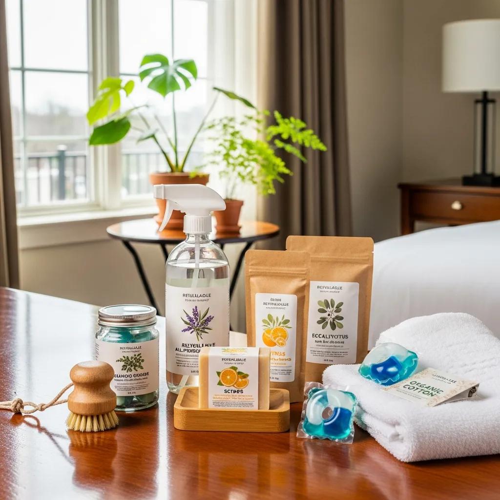 Eco-friendly cleaning products in a hotel room, highlighting sustainability and cleanliness