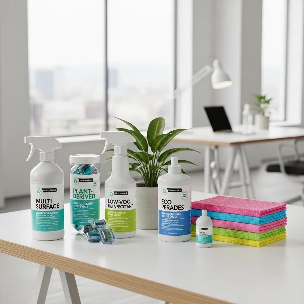 Sustainable cleaning supplies and microfibre cloths used in modern office cleaning