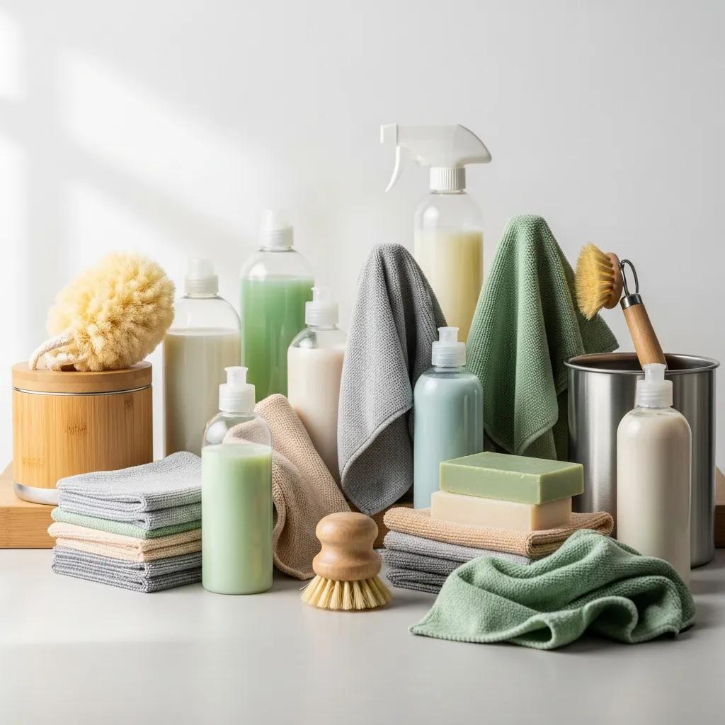 Sustainable cleaning supplies — low-VOC detergents and microfibre cloths demonstrating greener cleaning methods