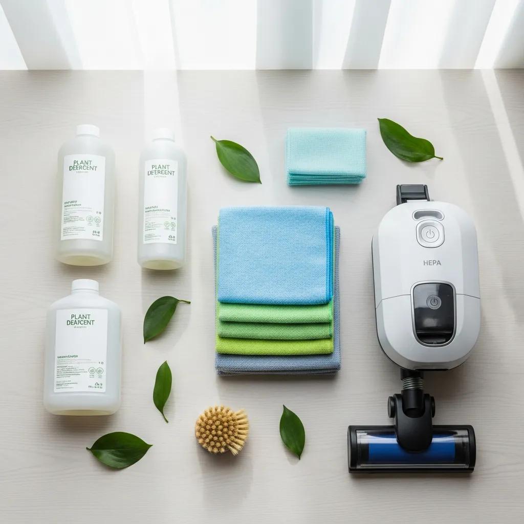 Plant-based detergents and microfibre cloths used in eco-friendly cleaning