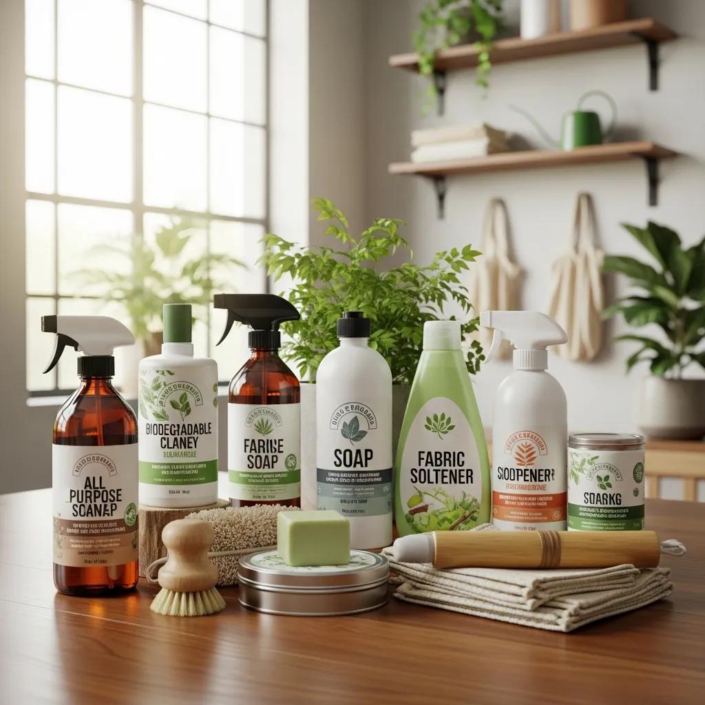 Eco-friendly cleaning products with biodegradable labels highlighting sustainability in commercial cleaning