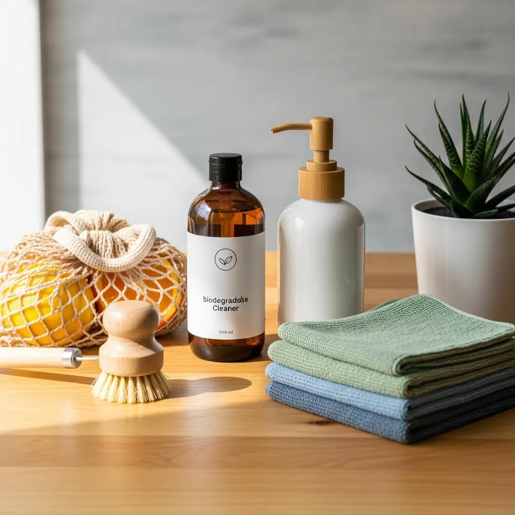 Sustainable cleaning products arranged neatly to show eco-friendly practice
