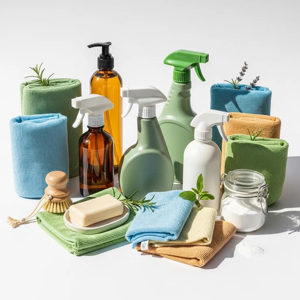 Eco‑friendly cleaning supplies and microfibre cloths used in sustainable office cleaning