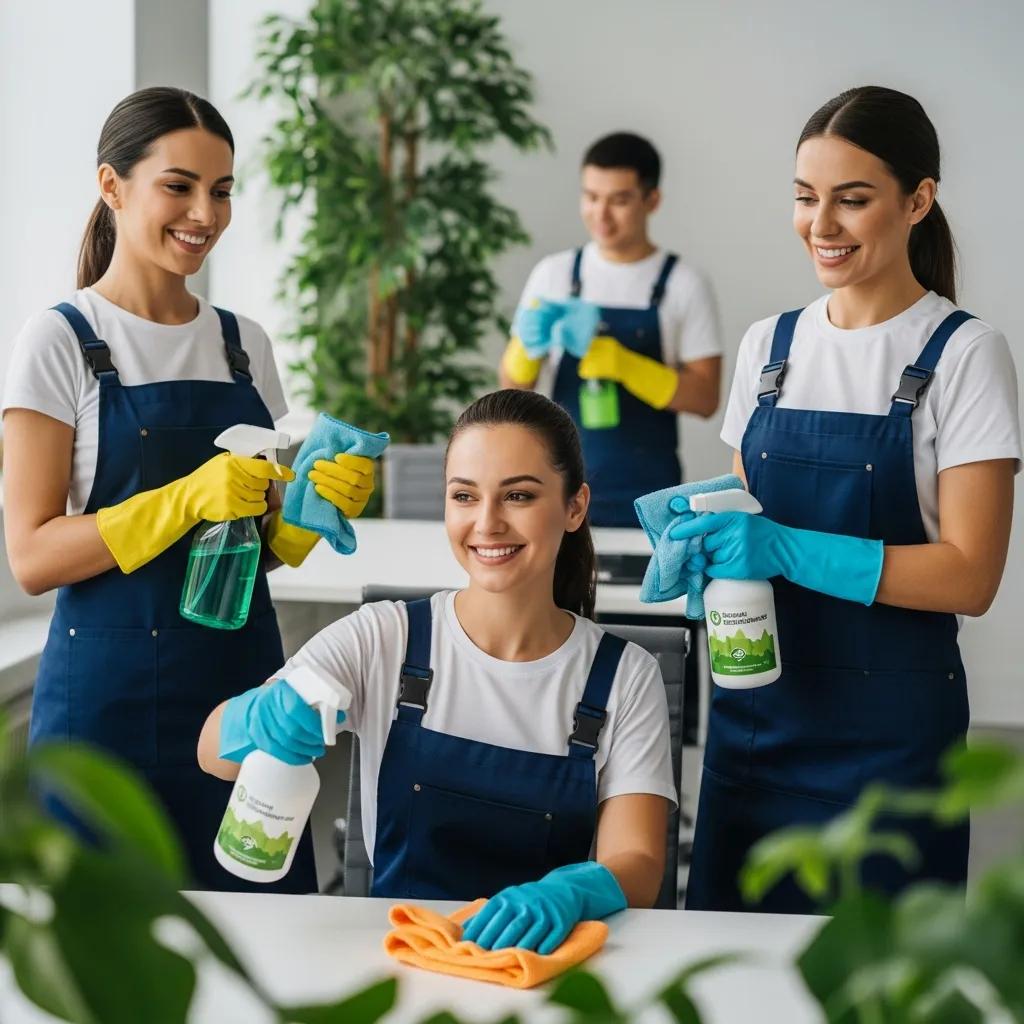 Eco-friendly cleaning team using biodegradable products in a modern office