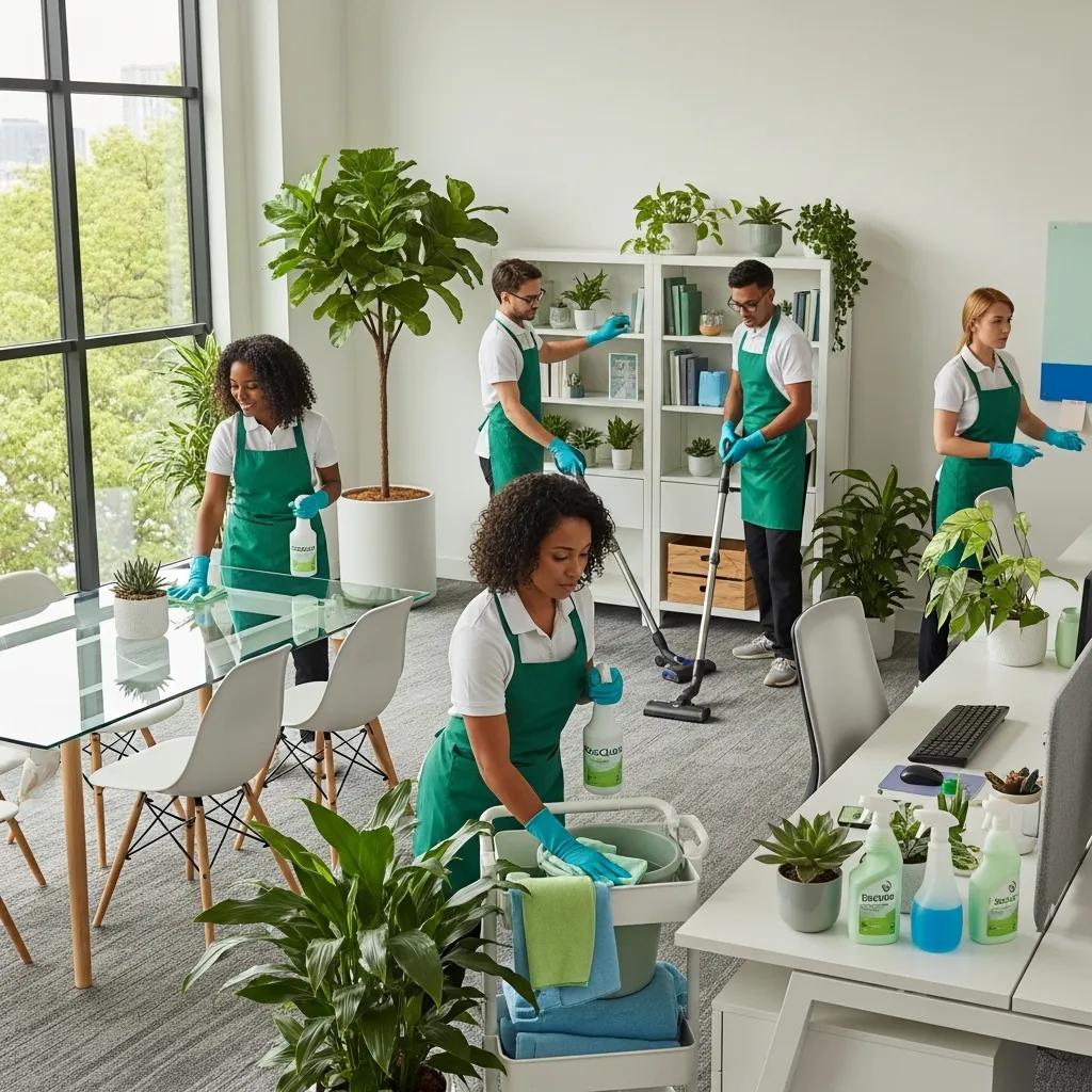 Eco-friendly cleaning team using sustainable products in a modern office