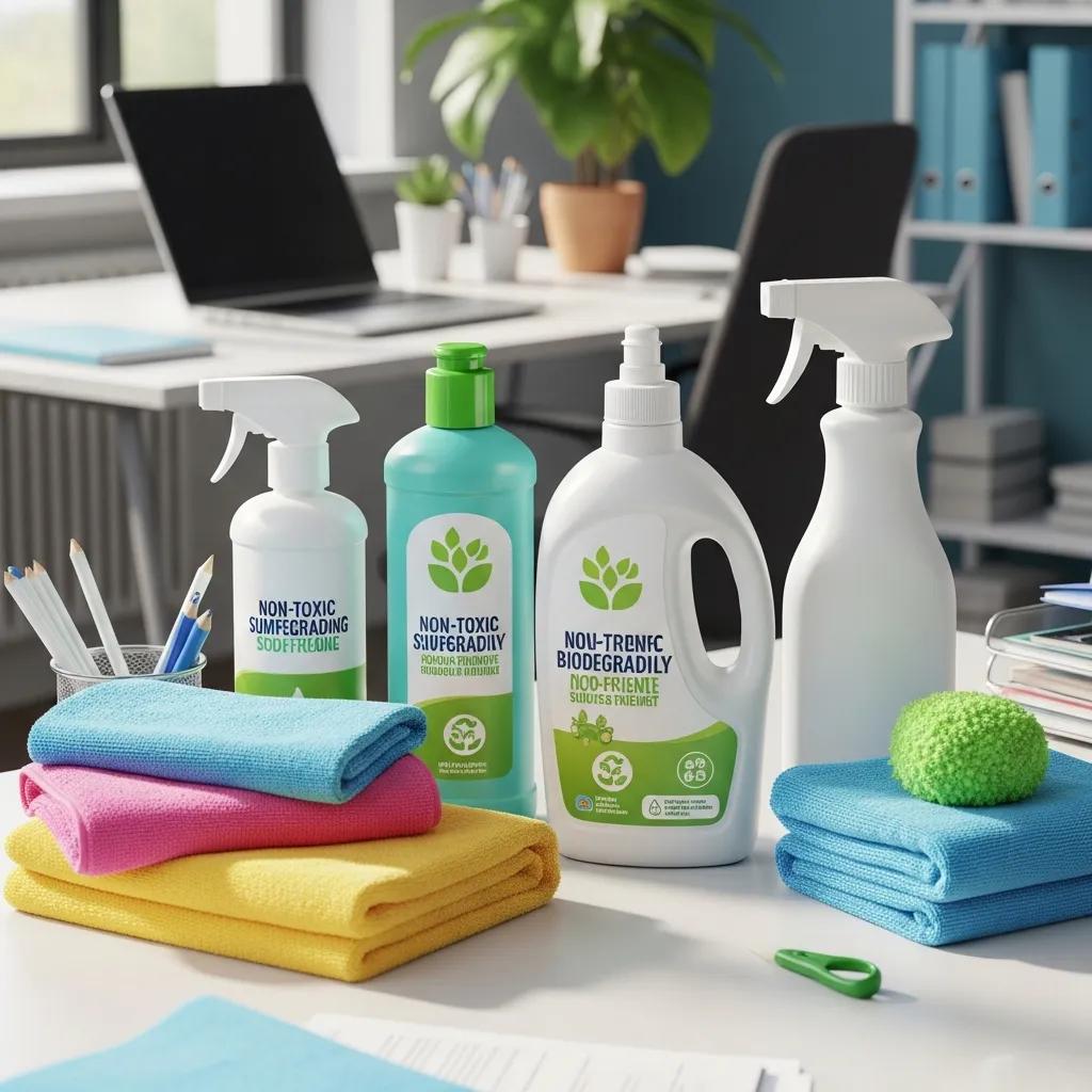 Eco-friendly commercial cleaning products displayed in a modern office environment
