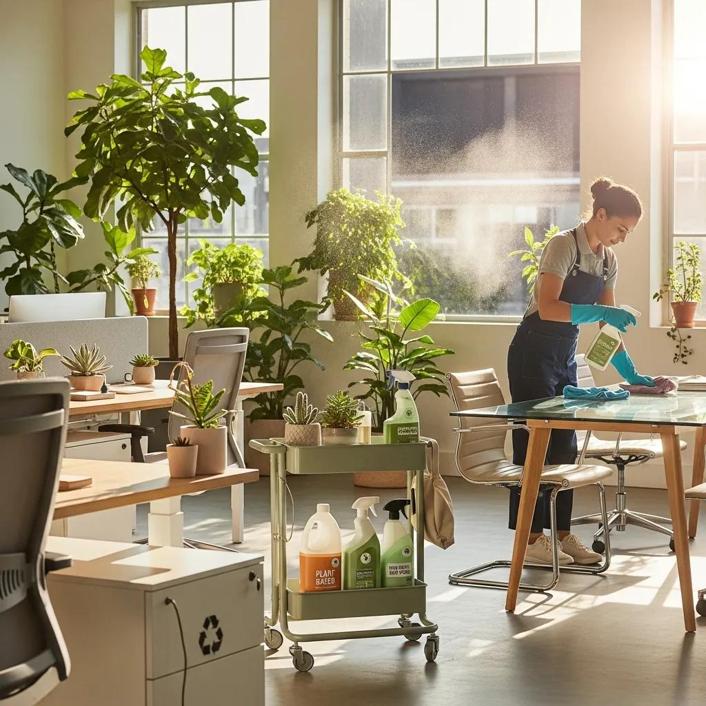 Eco-friendly commercial cleaning products in a bright office environment