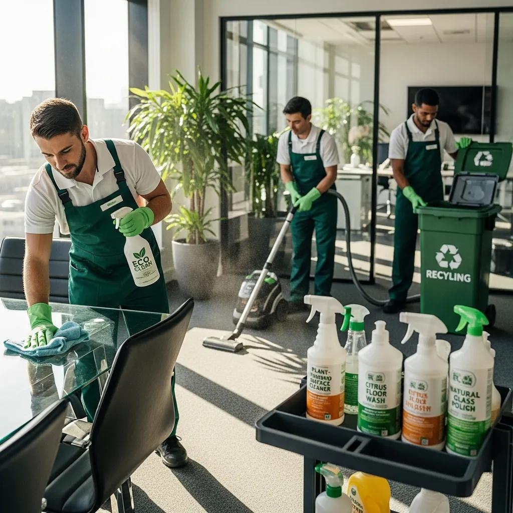 Eco-friendly commercial cleaning team using biodegradable products in a modern office