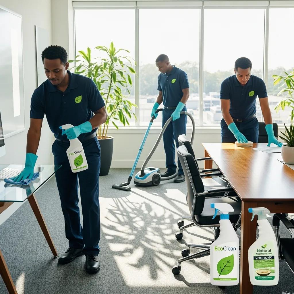 Eco-friendly commercial cleaning team using biodegradable products in a modern office