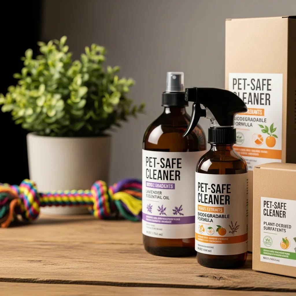 Eco-friendly pet-safe cleaning products on a wooden table, showcasing natural ingredients and a pet-friendly environment
