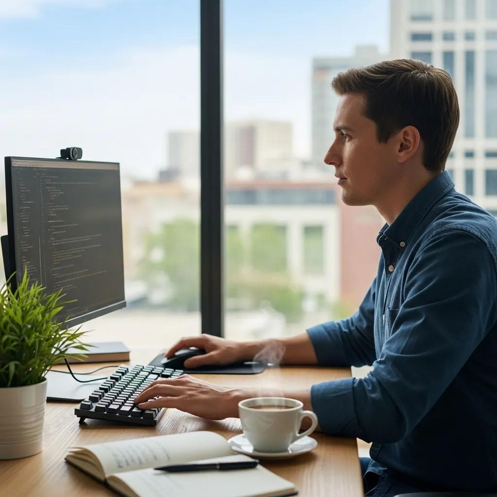 Employee focused in a clean workspace, illustrating the benefits of cleanliness on concentration