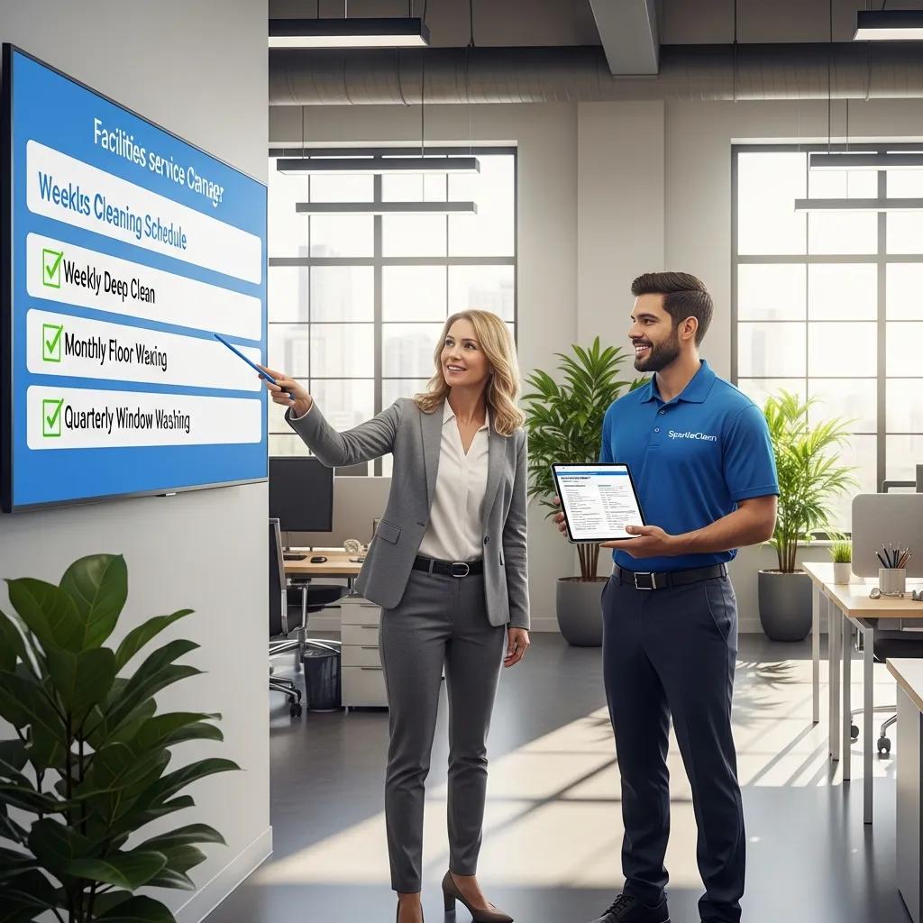 Facility manager and service rep discussing tailored cleaning plans in a tidy office