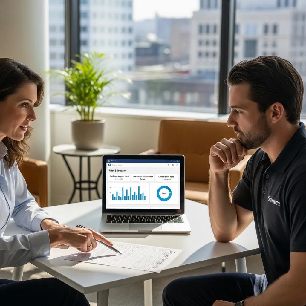 Facility manager and cleaning representative reviewing client feedback in an office