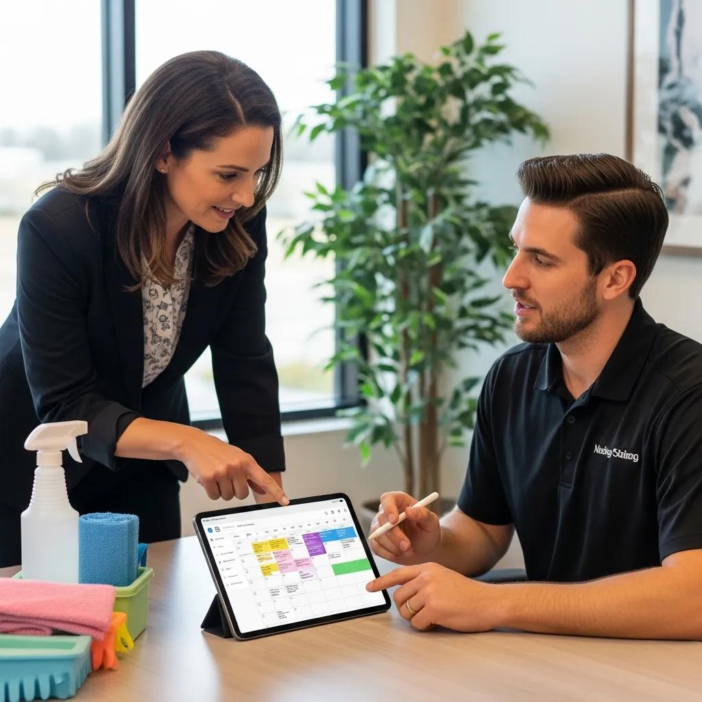Facility manager discussing a customised cleaning plan with a service representative