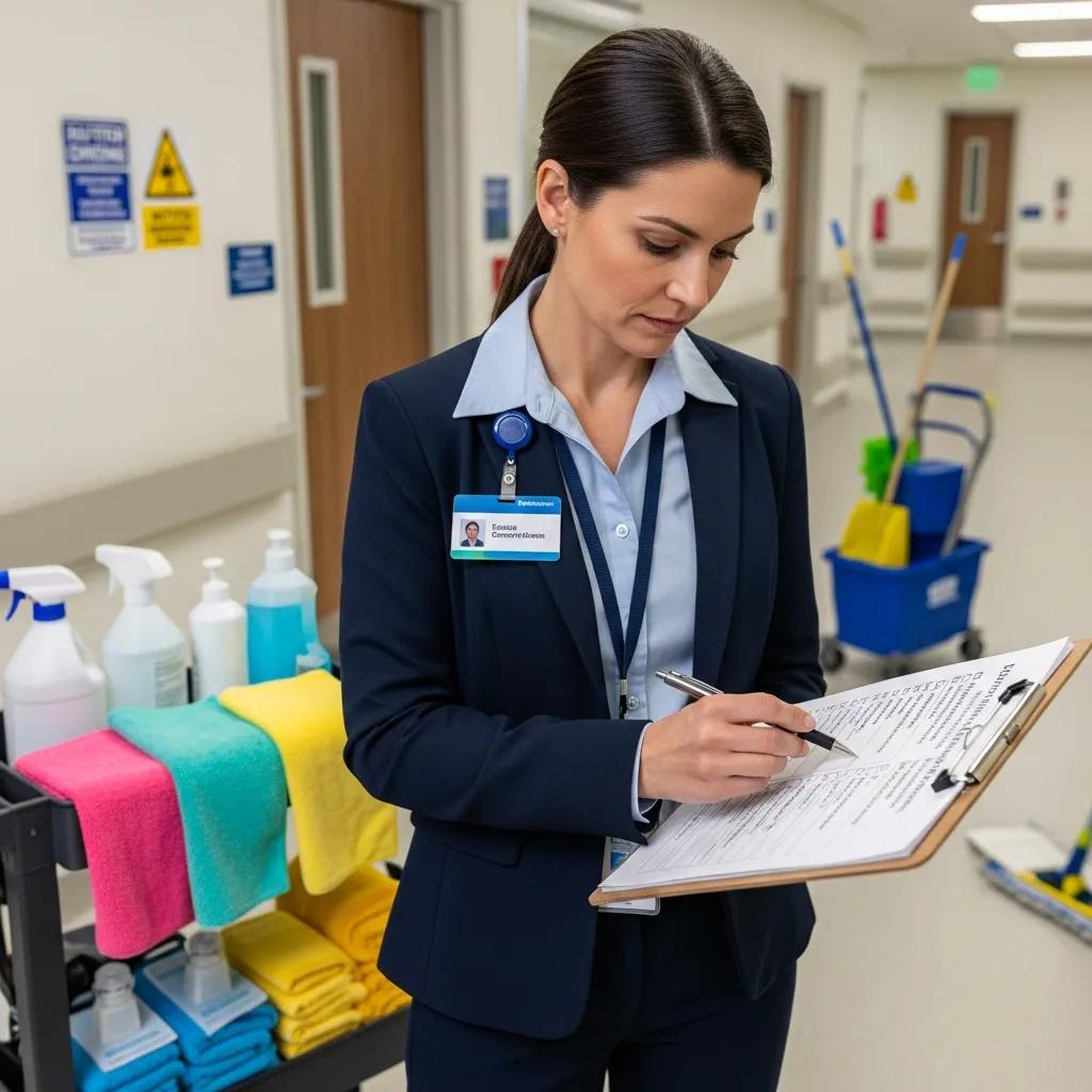 Facility manager checking a healthcare cleaning compliance checklist in a medical centre