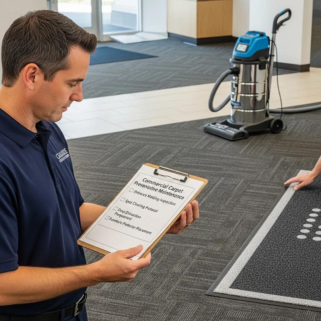 Facility manager reviewing preventative maintenance checklist for carpet care in a commercial setting, emphasizing proactive maintenance strategies