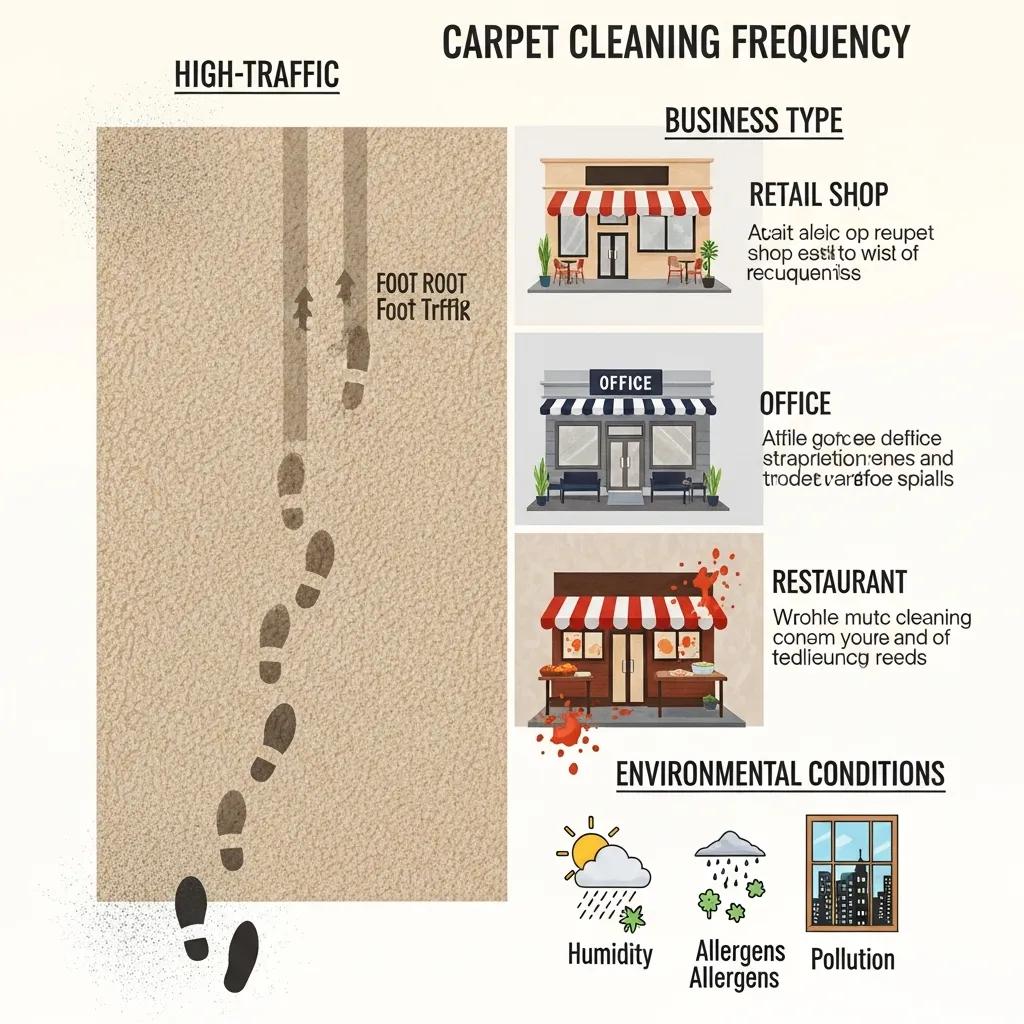 Factors affecting commercial carpet cleaning frequency, including foot traffic and business type