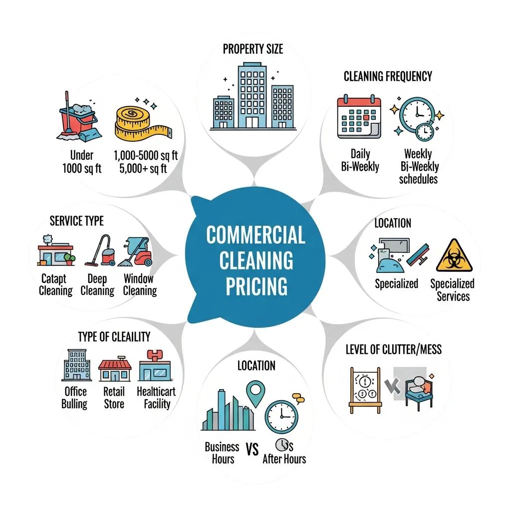 Diagram showing pricing factors for commercial cleaning: property size, frequency and service type