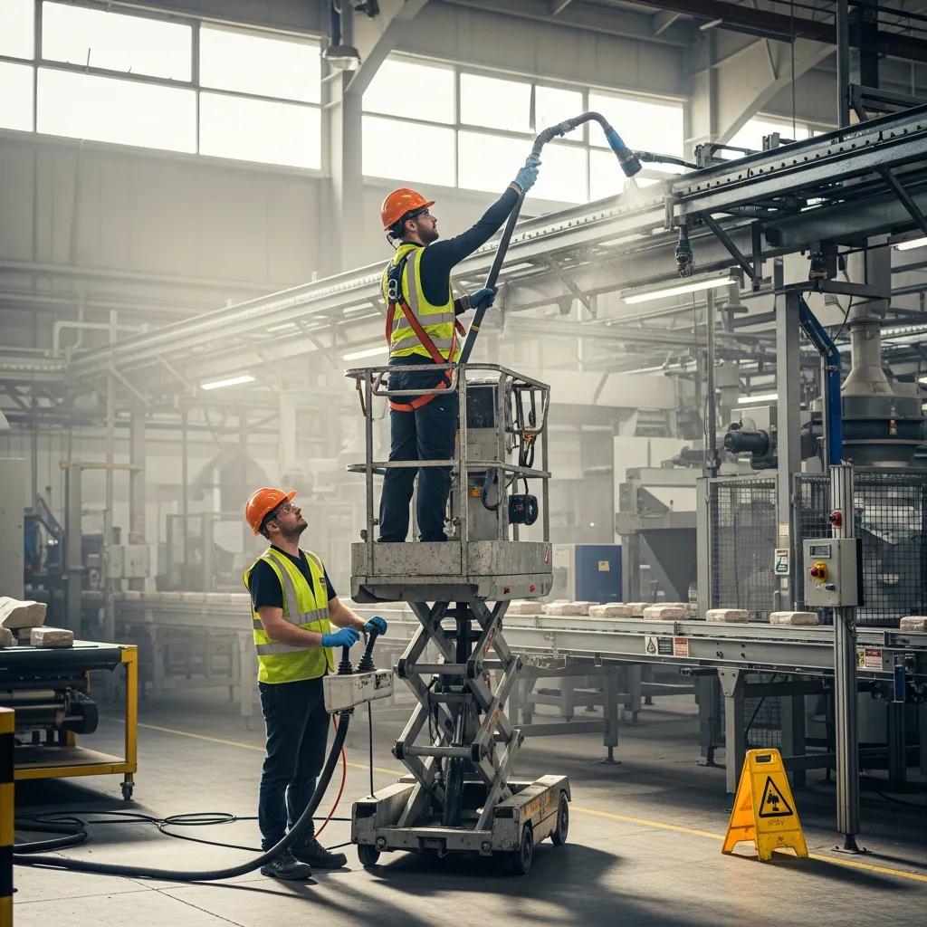 Factory cleaning crew using specialized equipment for high-access cleaning in a production environment