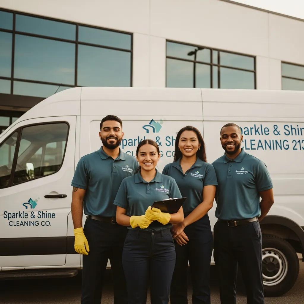 Family-run cleaning team stood beside their service van at a commercial property