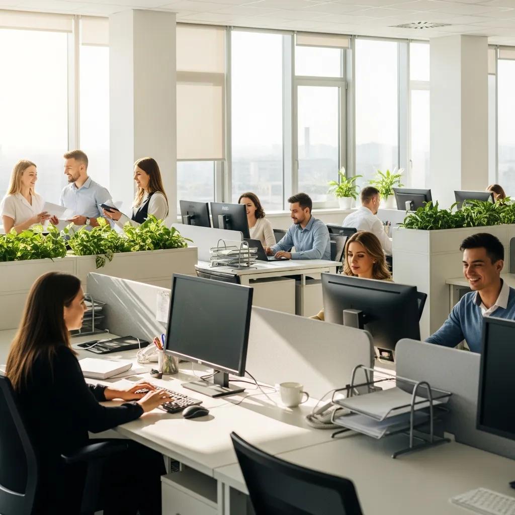 Happy employees in a clean office environment, showcasing the benefits of office cleaning on health and productivity