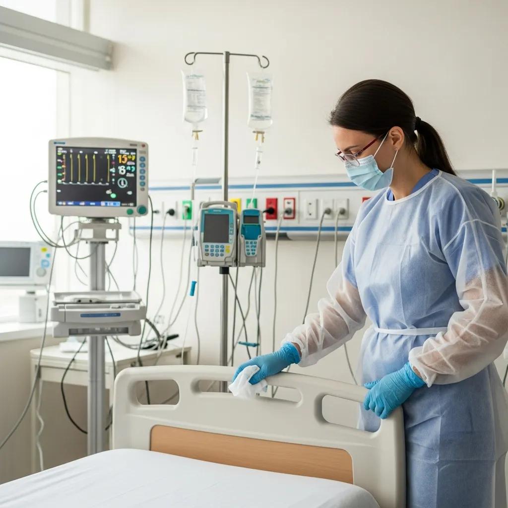 Healthcare cleaning professional sanitizing high-touch surfaces in a medical facility