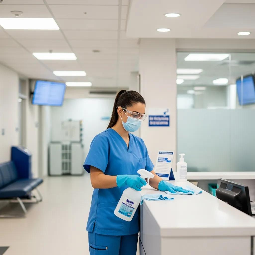 Healthcare cleaning professional using hospital-grade supplies in a modern medical center