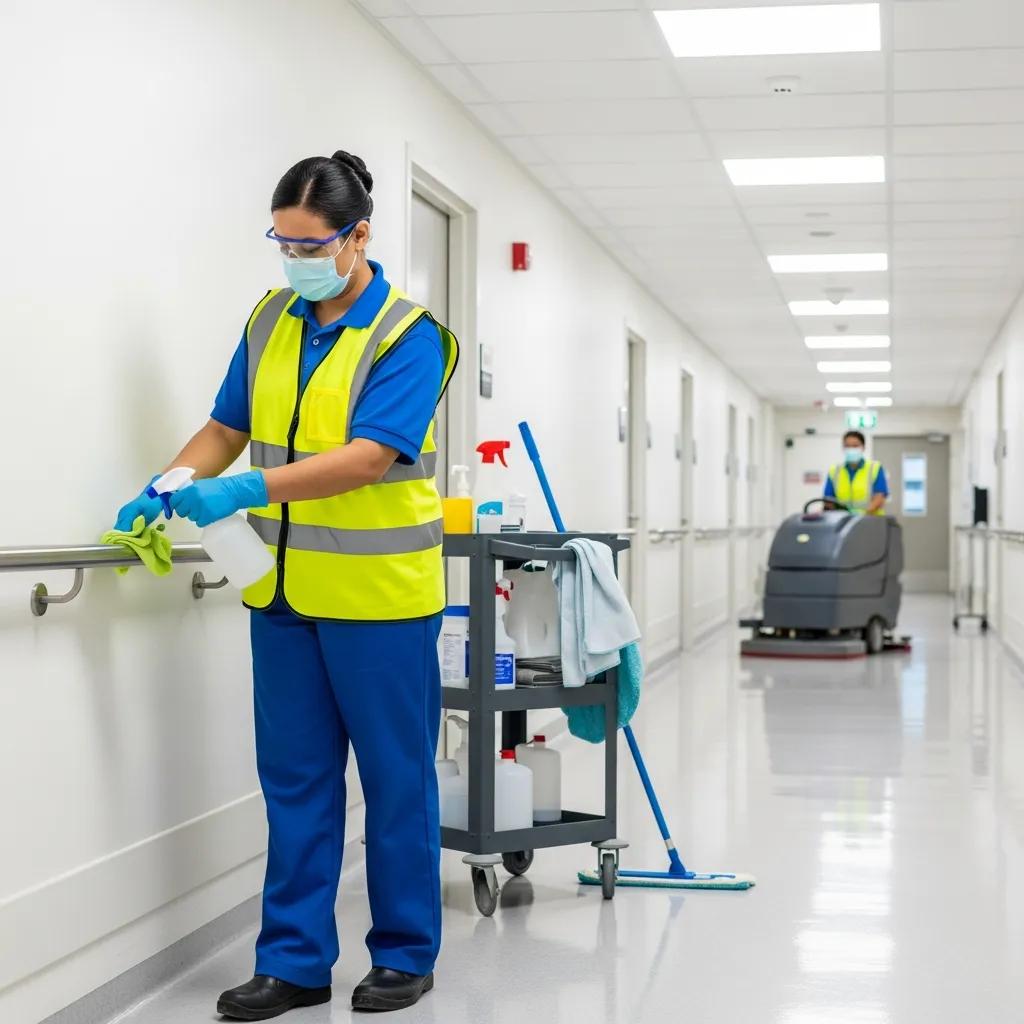 Healthcare cleaning staff using hospital-grade disinfectants in a modern medical facility