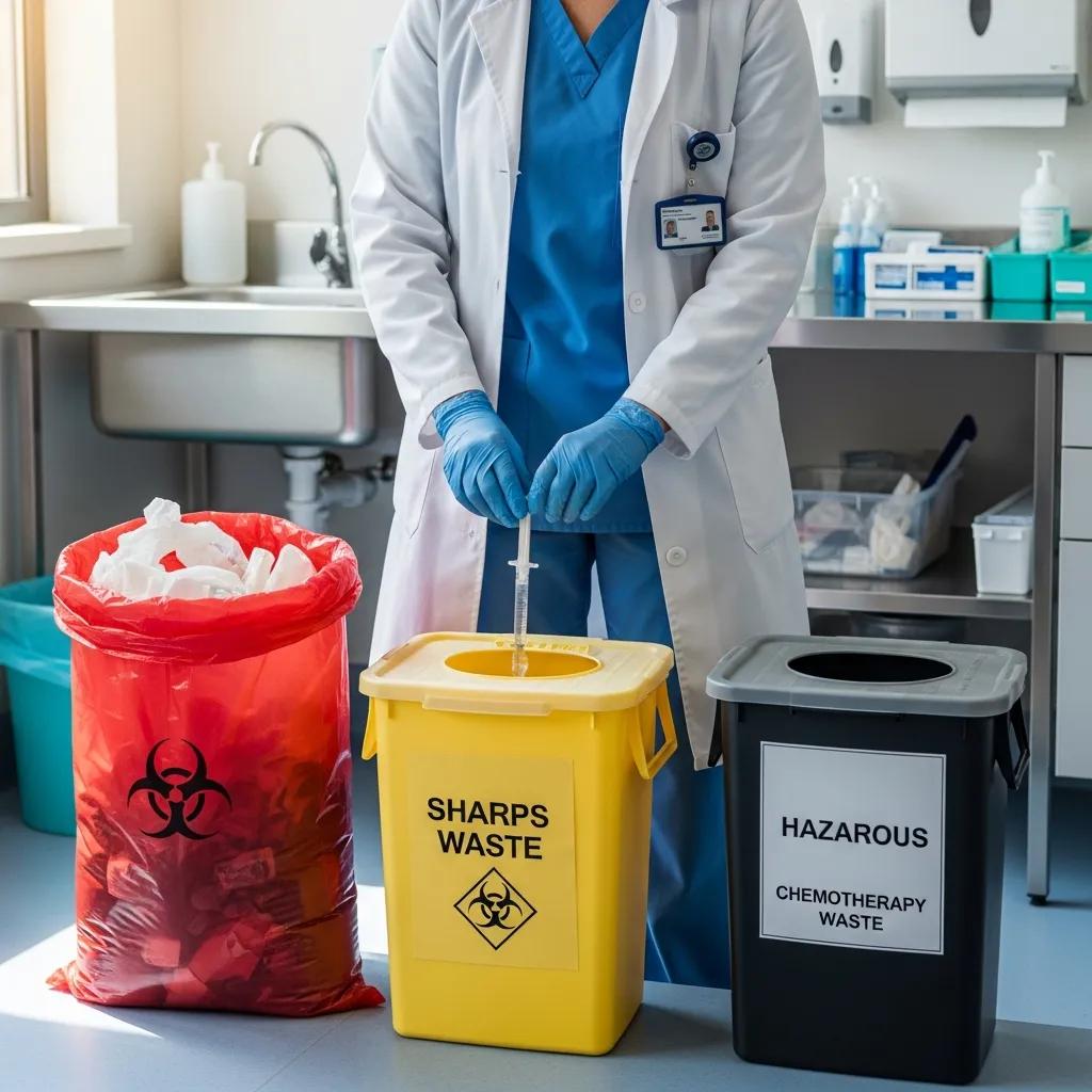 Healthcare professional segregating medical waste in a clean facility