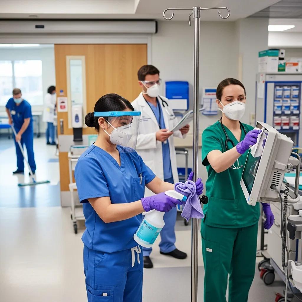 Healthcare team implementing infection control protocols in a medical facility, showcasing teamwork and safety