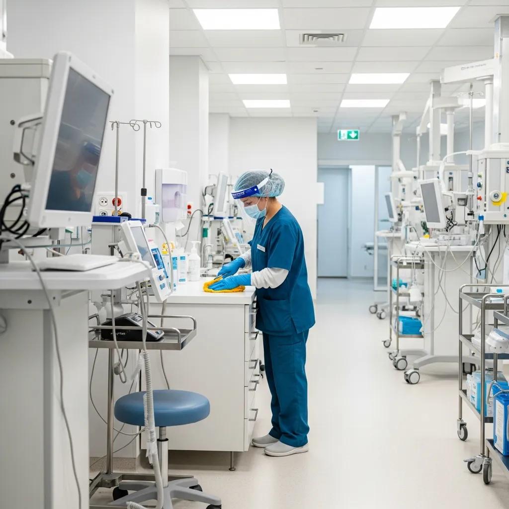 Healthcare worker cleaning a high-touch surface in a modern medical facility