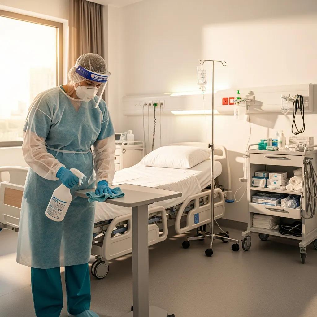 Healthcare worker cleaning a hospital room with PPE, emphasizing infection control and hygiene standards