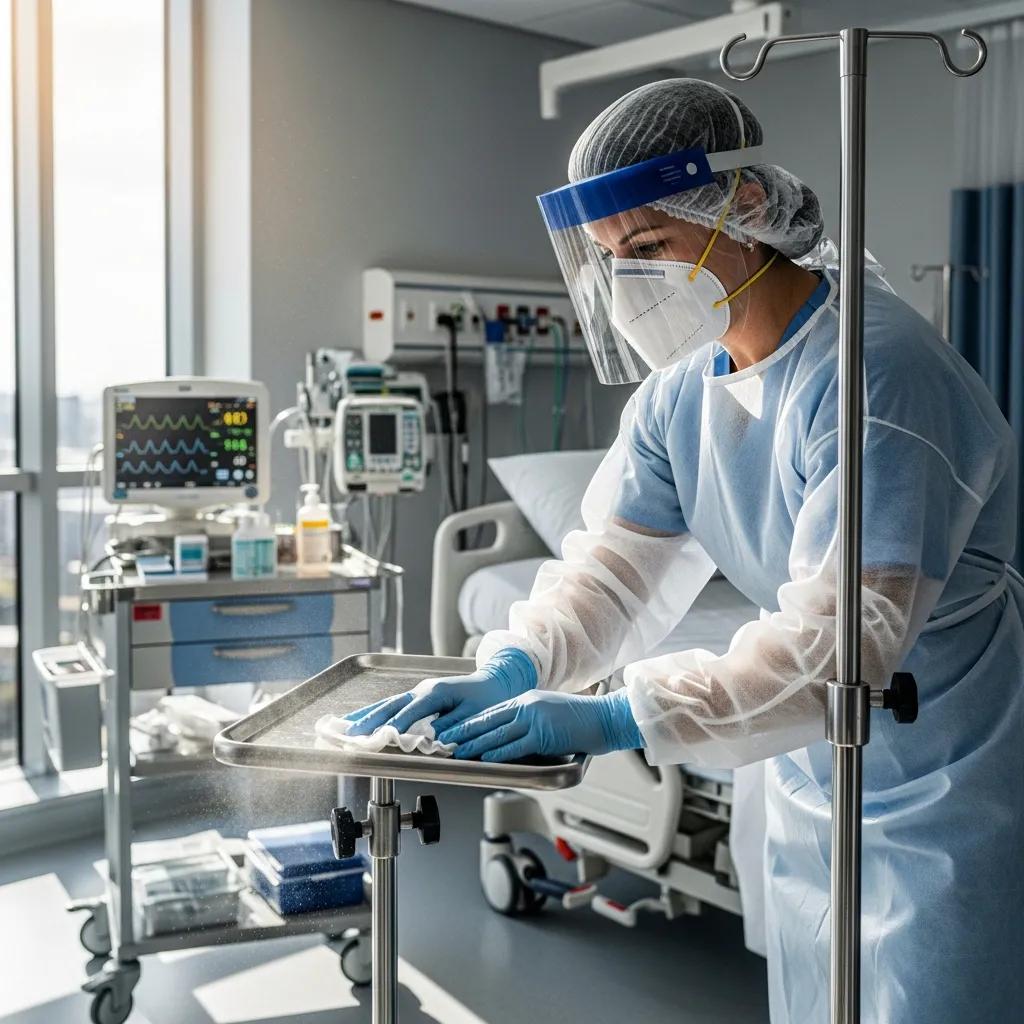 Healthcare professional cleaning high‑touch surfaces in a medical facility
