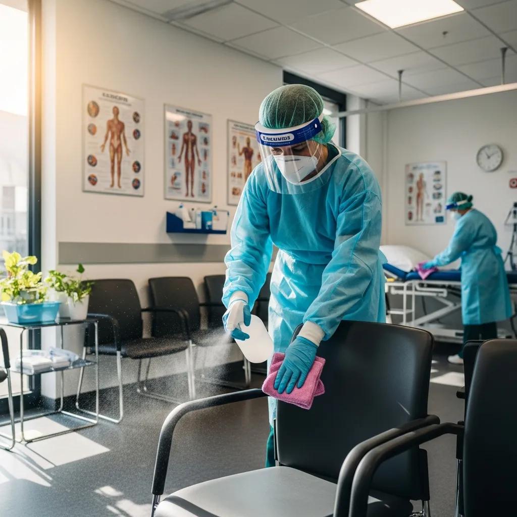 Staff disinfecting frequently touched surfaces in a clinic to reduce infection risk
